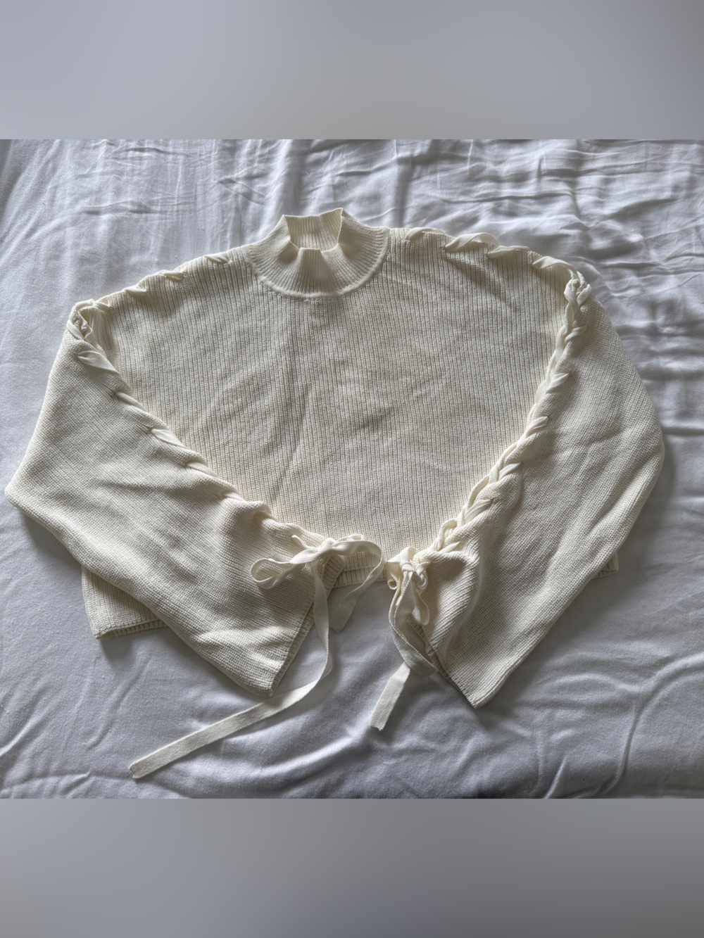 Aritzia Salome White Tie-Sleeve Croppped Crewneck Sweater